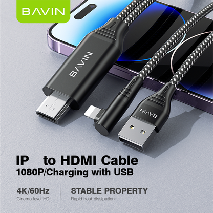 BAVIN HD11 2in1 1080P iPhone to HDMI Rechargeable Cable Adapter 4K 60Hz & 2K 144Hz Support for Phone to TV/Monitor/Projector
