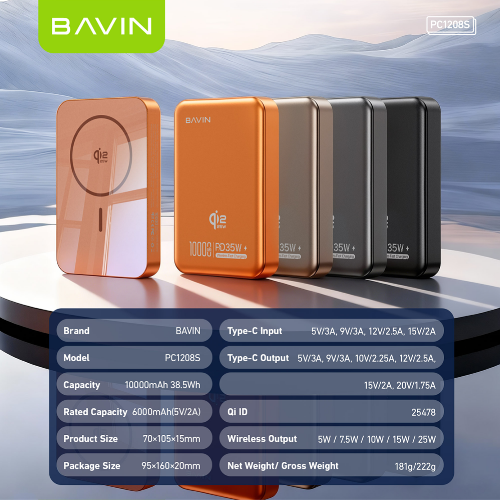 【Qi2 25W】BAVIN PC1208S 10000mAh 25W Magnetic Wireless Powerbank + PD 35W Fast Charge for iP17 Series