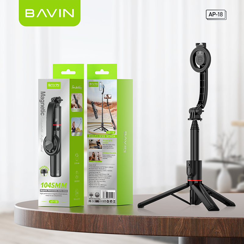 BAVIN P18 Magnetic Retractable Selfie Stick w/ Bluetooth Remote Extendable & Adjustable Tripod