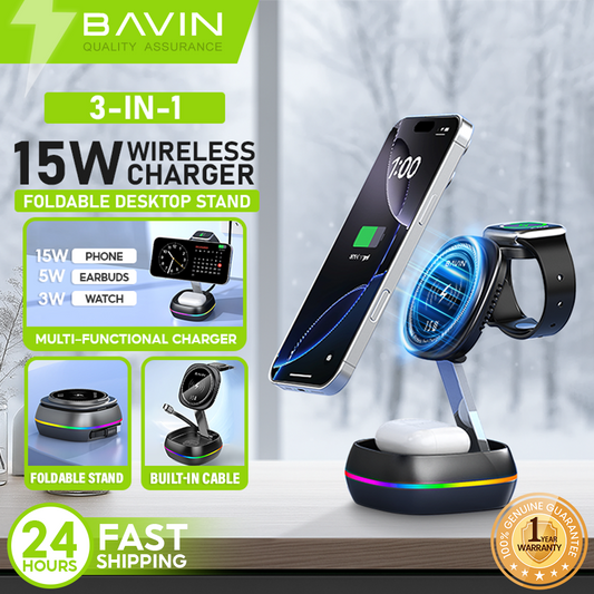 BAVIN C-W-PC1199 3in1 Magnetic Wireless Charger 15W Retractable Type-C Input & Foldable Stand for Phone Watch & Earbuds