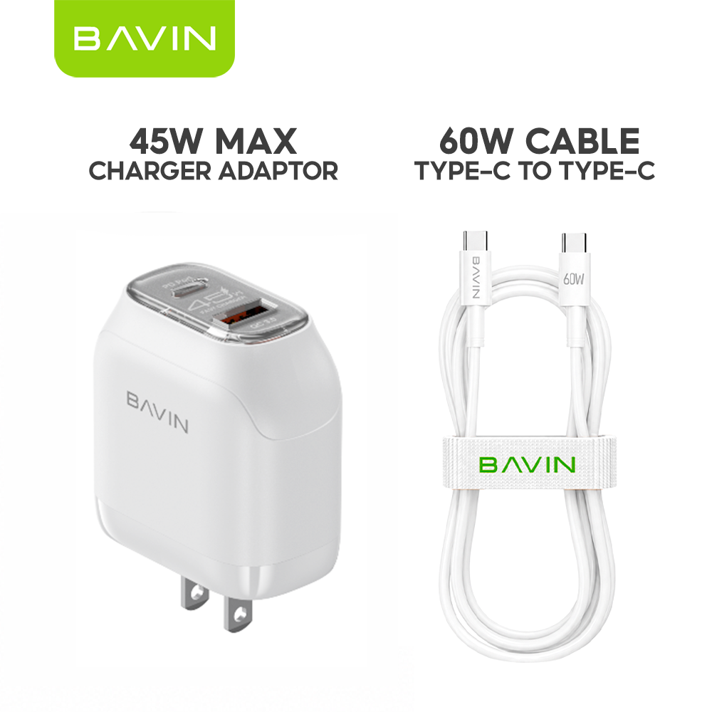 BAVIN PC2165 45W PD QC3.0 USB-C+22.5W USB Fast Charging Charger w/ 1M Cable for iPh 17/Android/Laptop