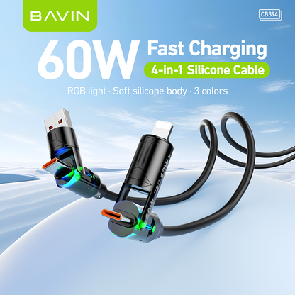 BAVIN U-CB394 60W 4-in-1 Silicone Fast Charging Cable w/ RGB Light Type-C & iPhone for Laptop, Tablet & Phones