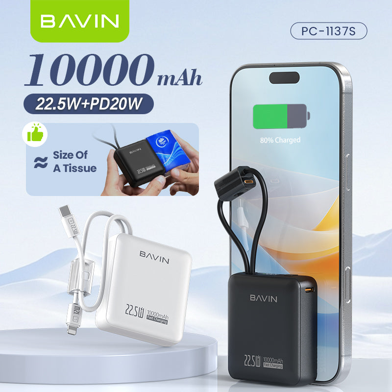 BAVIN PC1137 10000mAh Mini Powerbank 22.5W Fast Charging w/ Built-in Cables Compatible for Android & iPhone 6-17 Series