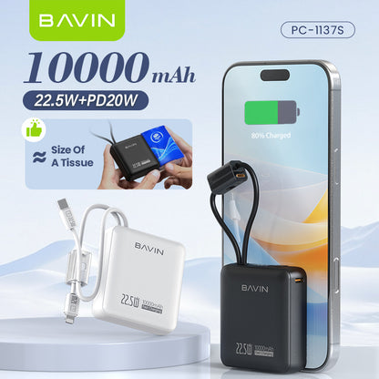 BAVIN PC1137 10000mAh Mini Powerbank 22.5W Fast Charging w/ Built-in Cables Compatible for Android & iPhone 6-17 Series