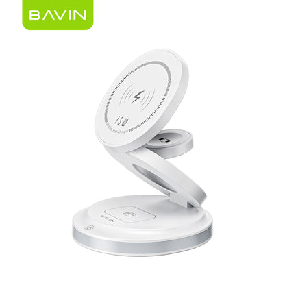 BAVIN Y-PC1181 3-in-1 Magnetic Wireless Charger 15W Fast Charging Dock for Phone / Watch / Earbuds Foldable w/ LED Light