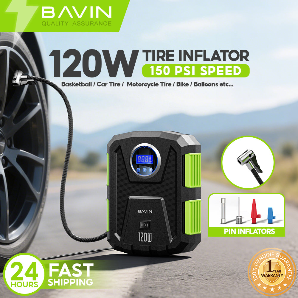 BAVIN Z-PC1159 12V Portable Digital Tire Inflator w/ 150 PSI High Speed Air Compressor for Car, Motor, Bike & Sports Balls