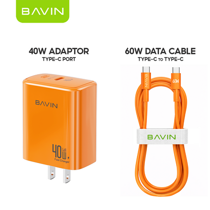 BAVIN PC2092 40W PD GaN Fast Charging Adapter USB-C Wall Charger for Laptop, iPhone 5-17 &Type-C Devices