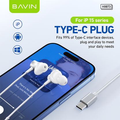 BAVIN HX873 Universal Hi-Res Audio Sound Type-C Wired Earphone Built Mic for iPhone 15-17 & Android Devices