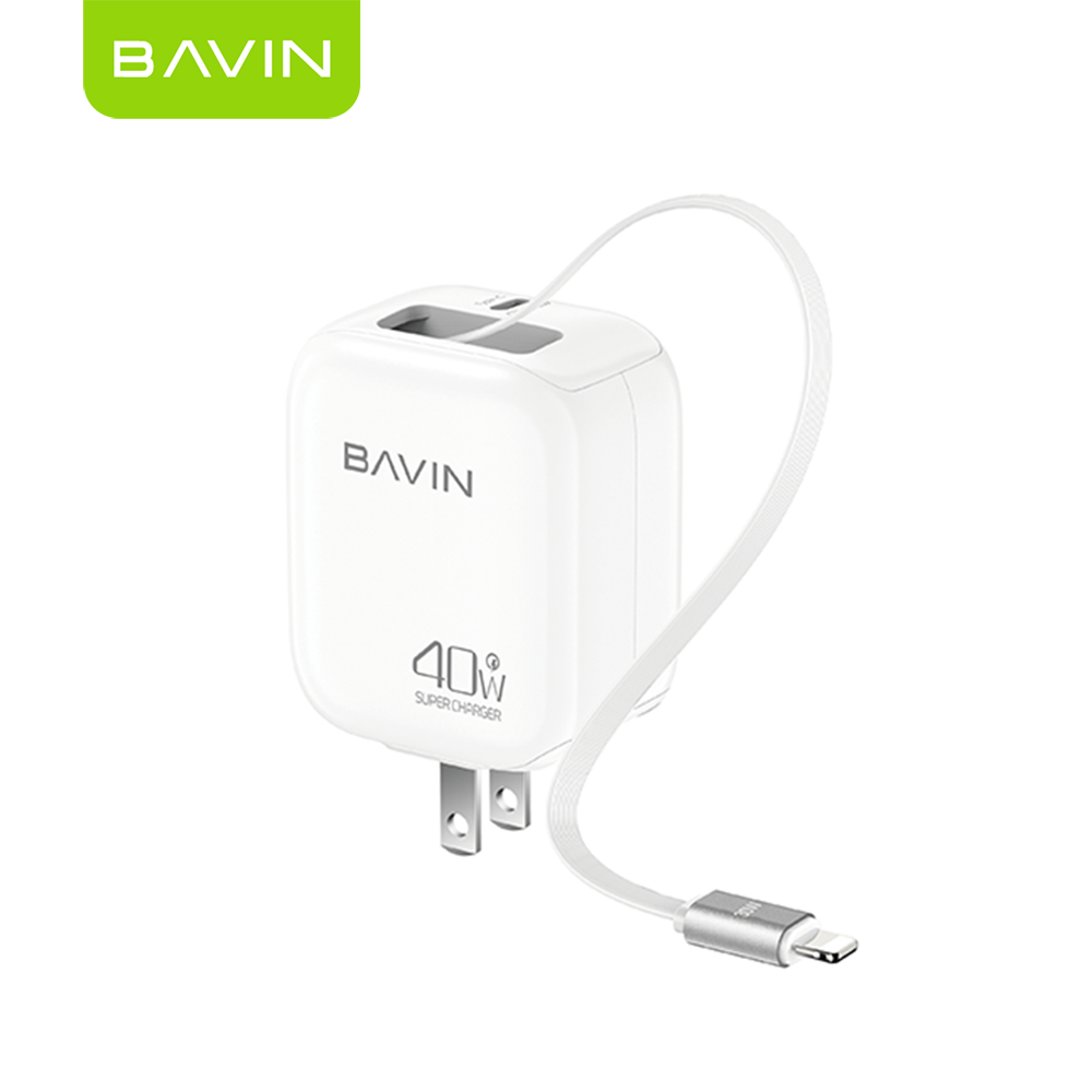 BAVIN PC2020 40W PD Fast Charging AC Adapter Built in Retractable iPhone Cable for iPhone 17/Android /Laptop