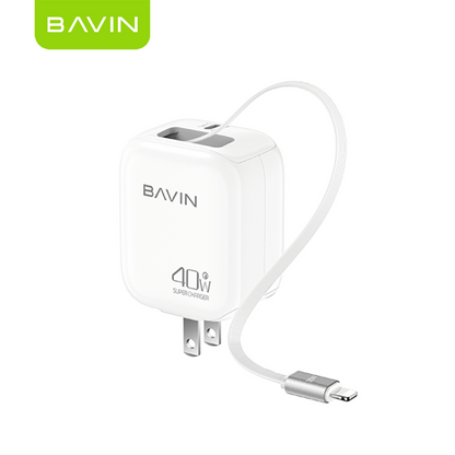 BAVIN PC2020 40W PD Fast Charging AC Adapter Built in Retractable iPhone Cable for iPhone 17/Android /Laptop