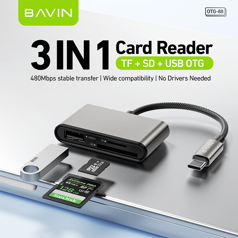 BAVIN O88 OTG 3in1 Card Reader Adapter for USB/TF/SD Card w/480Mbps Data Transfer for Laptop, Phones