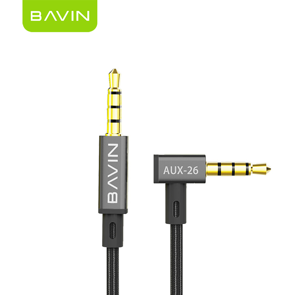 BAVIN H-3.5-AUX26 Universal 3.5mm Audio Jack Cable 1.2m Nylon Braided w/ 90° Angle for Speaker, TV, Computer & Phones