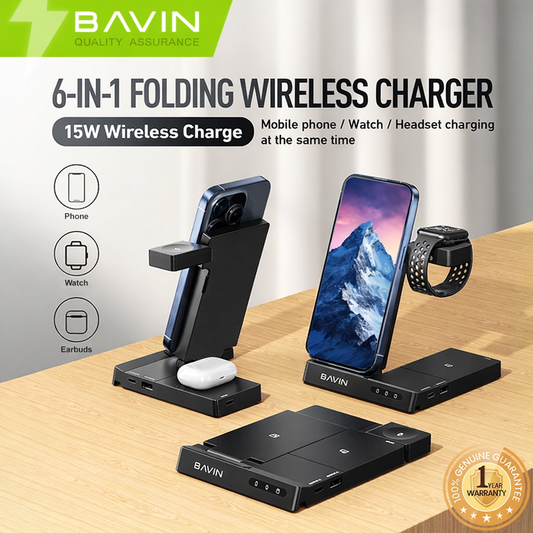 BAVIN PC1069 Portable Multi-functional 6 in 1 Wireless Docking Charger Station Smart Watch Mobile
