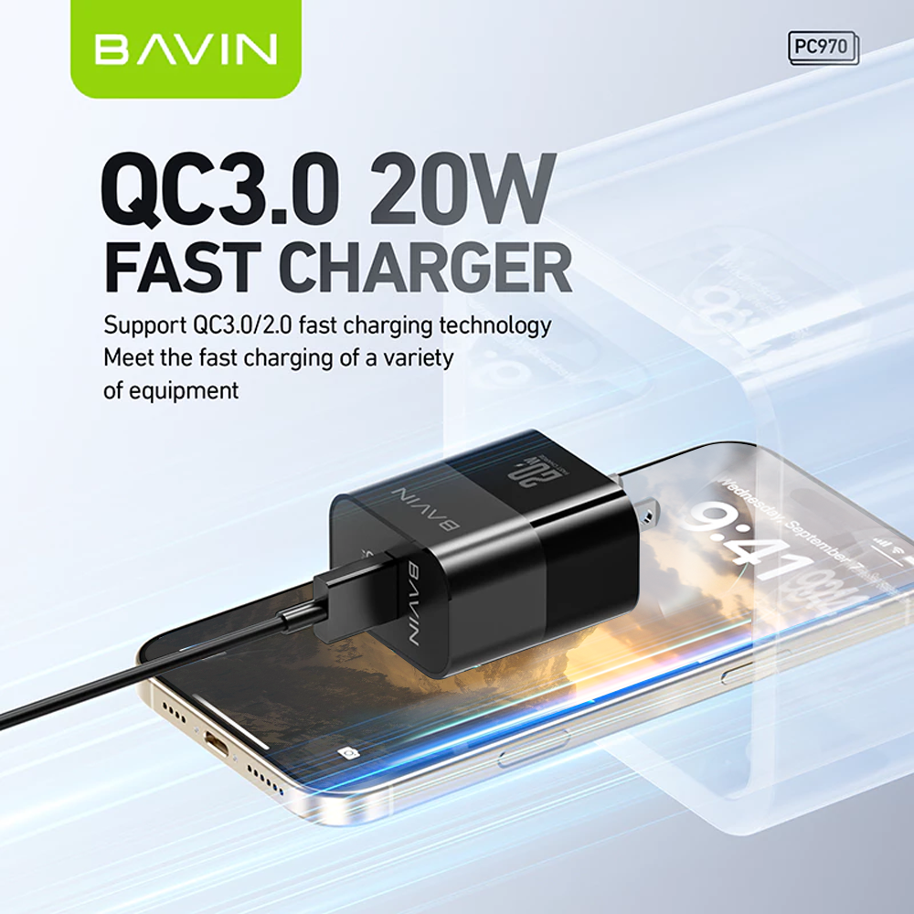 BAVIN PC970 QC3.0 20W Fast Charging Wall Charger High-Speed Power Adapter for Micro / iPhone / Type-C
