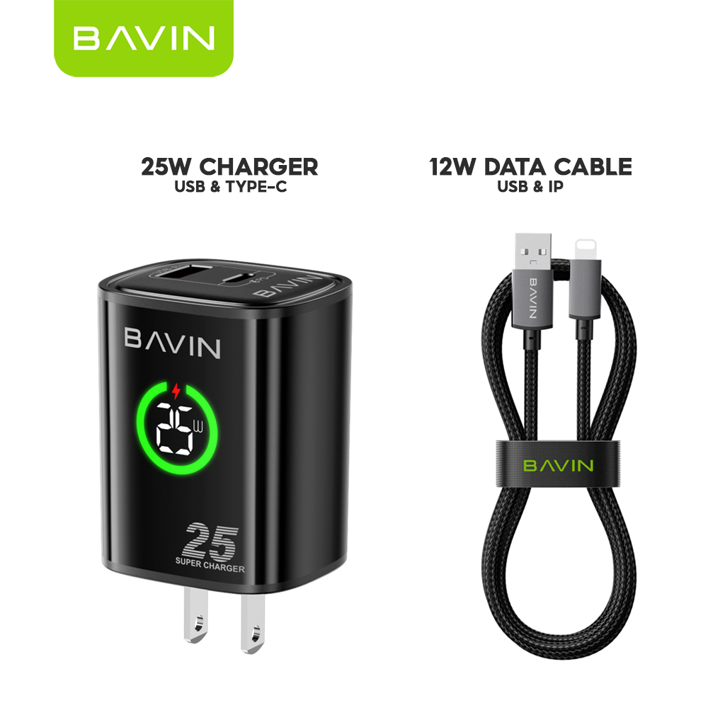 BAVIN PC2196 PD 25W+QC 3.0 Fast Charging Wall Charger Dual Ports w/ LED Display+ iPhone/Type-C Cable