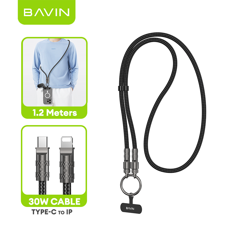 BAVIN CB375 30W PD Fast Charging Cable For Crossbody & Wrist Phone Lanyard 1.2M Cord Strap