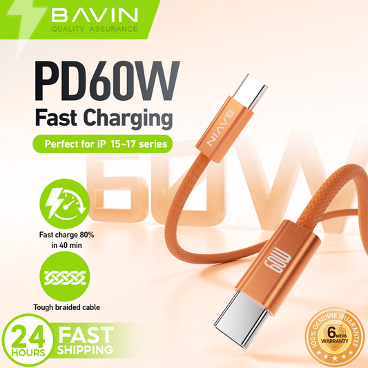 BAVIN CB413 PD 60W Type-C Fast Charging 1m Braided Cable w/ High-Speed Data Transfer for iPhone 15-17 & Android Devices