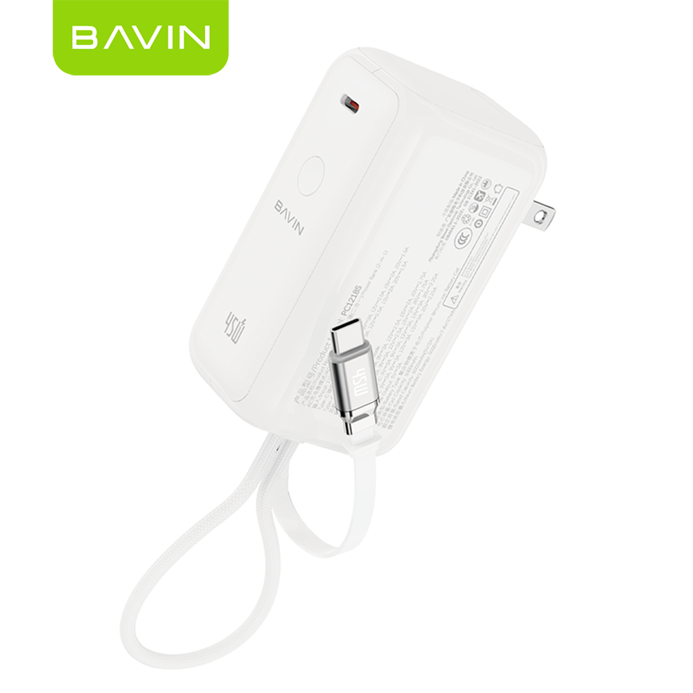 [CCC] BAVIN PC1218 2in1 Portable 10000mAh 45W PD Fast Charge Power Bank Built-in Type-C Cable + AC Plug