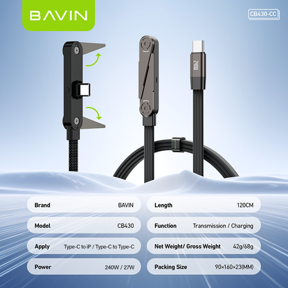 BAVIN CB430 2-in-1 240W PD Type-C Fast Charging Data Cable 1.2m w/ Foldable Stand for iPhone & Android