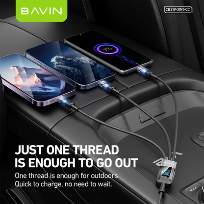 BAVIN CB319 60W PD Fast Charging Cable 3 in 1 Type-C / USB Nylon Braided w/ LED Indicator for iPhone 16