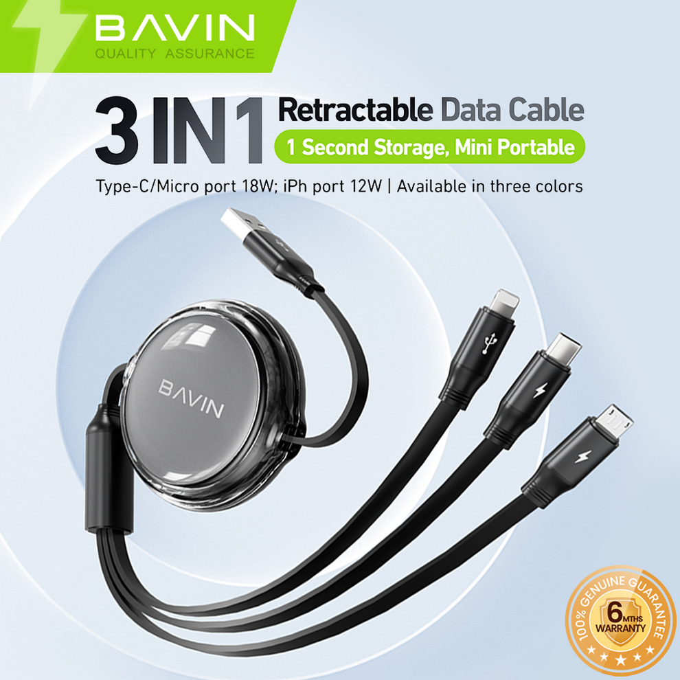 BAVIN CB371 3 in 1 Charging Data Cable w/ 1 Meter Retractable Wire Cab