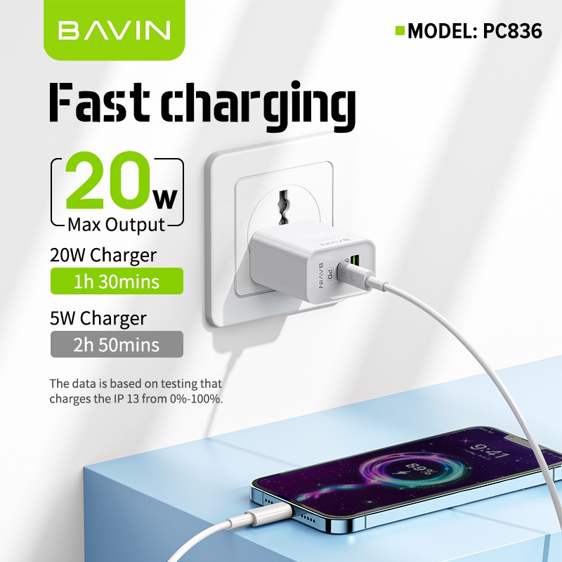 BAVIN C-PC836 20W PD Fast + Qualcomm3.0 Fast Charging Charger Adaptor Dual Port Suitable For iPh 16 Series