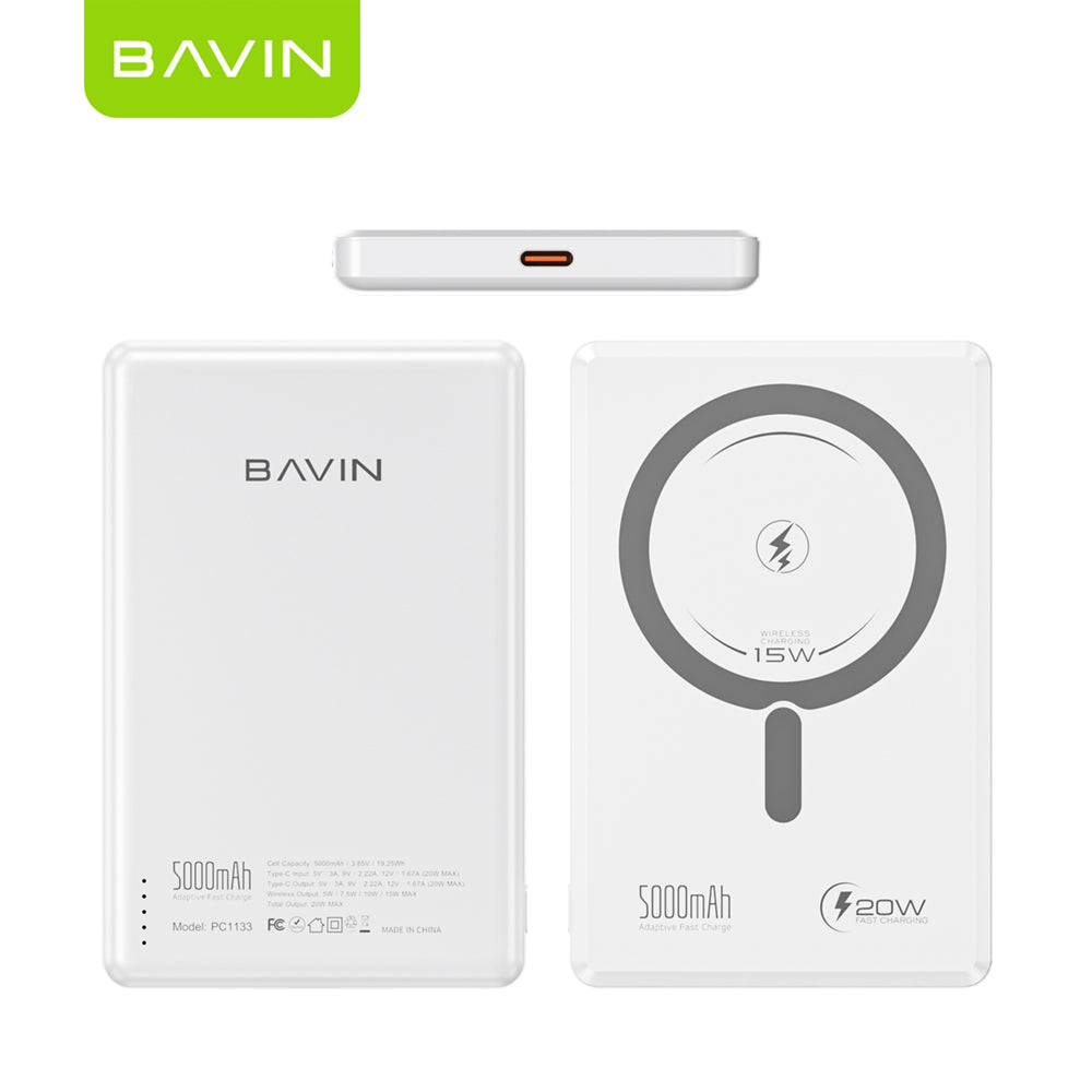 BAVIN Y-PC1133 5000mAh Ultra Thin Magnetic Wireless Powerbank w/ 20W Fast Charging Type-C In / Output for Smartphones