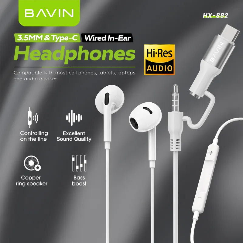 BAVIN HX882 2-in-1 Hi-Res Wired In-Ear Earphones w/3.5mm + Type-C Dual ports w/ Volume Control & Mic