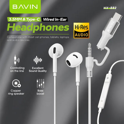 BAVIN HX882 2-in-1 Hi-Res Wired In-Ear Earphones w/3.5mm + Type-C Dual ports w/ Volume Control & Mic