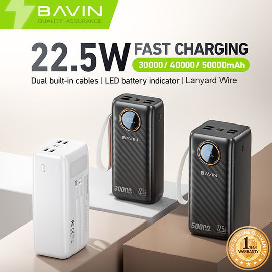 BAVIN Y-PC1155 30000mAh / Y-PC1157 50000mAh 22.5W Fast Charging Powerbank w/ Dual Cables & LED Battery