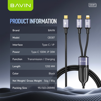 BAVIN CB387 100W 2 in 1 Fast Charging Cable Type-C to Type-C & iPhone w/ 1.2m Nylon Braided Cord for Laptop & Smartphones