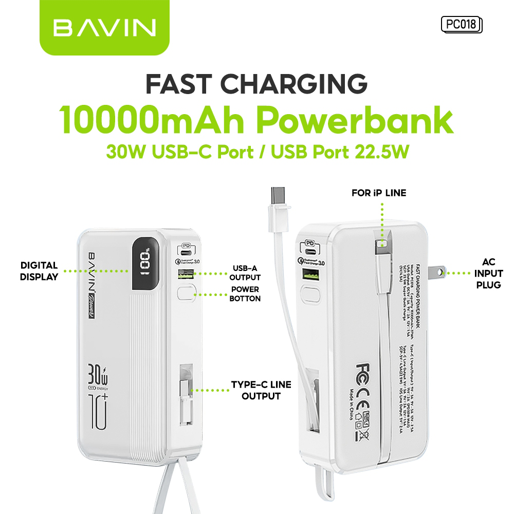 BAVIN PC018 10000mAh 30W Fast Charging Power Bank Built-in Type-C / iPhone Cable & Plug for iPhone 17
