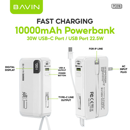 BAVIN PC018 10000mAh 30W Fast Charging Power Bank Built-in Type-C / iPhone Cable & Plug for iPhone 17