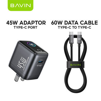 BAVIN PC2206 Mini 45W PD GaN Fast Charger Wall Adapter w/Smart Display+Foldable Plug for iPhone17/Laptop