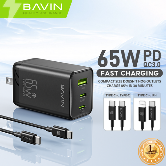 BAVIN C-PC2065-CC 65W PD+QC Fast Charging w/ Type-C+USB Multi Ports Output Charger Cable Set