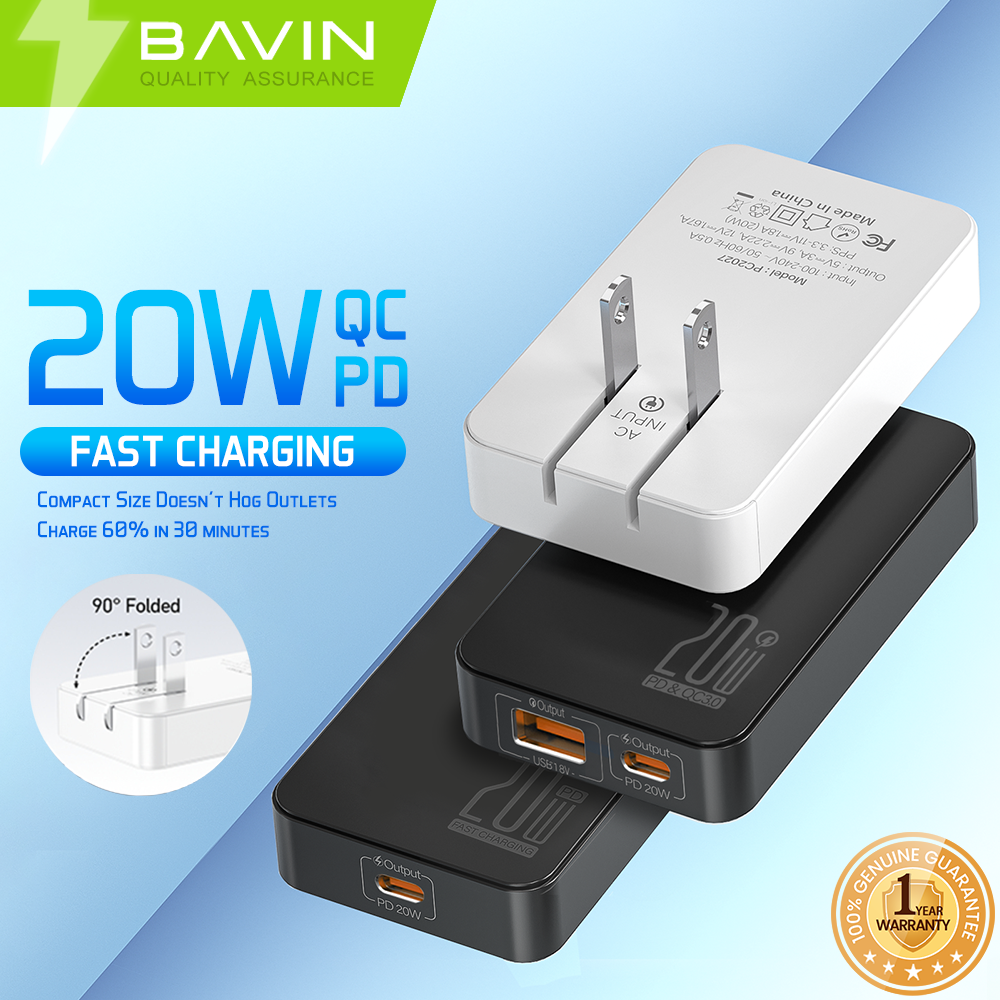 BAVIN C-PC2028-XX 20W PD QC3.0 Ultra Slim Fast Charger USB & Type-C Foldable Plug