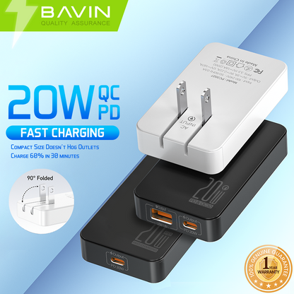 BAVIN C-PC2028-XX 20W PD QC3.0 Ultra Slim Fast Charger USB & Type-C Foldable Plug