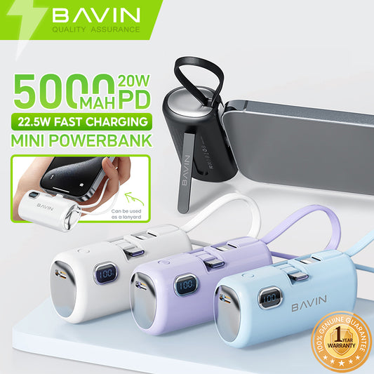 BAVIN Y-PC1091 / Y-PC1092 5000mAh Mini Portable Fast Charging Powerbank 22.5W USB-C Input/Output, Built-in Cable & Phone Stand