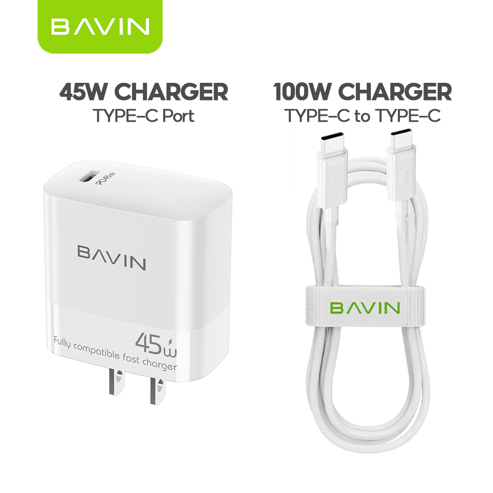 BAVIN PC2205 45W GaN PD USB-C Fast Charging Charger + 1M 100W Data Cable for Laptop, iPhone 17, Android