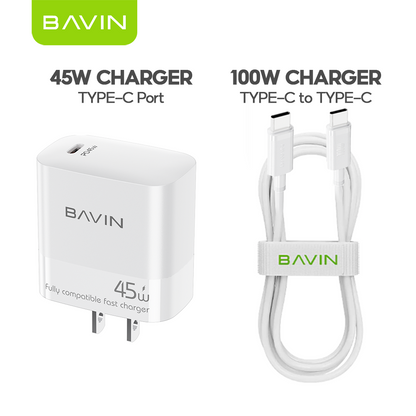 BAVIN PC2205 45W GaN PD USB-C Fast Charging Charger + 1M 100W Data Cable for Laptop, iPhone 17, Android