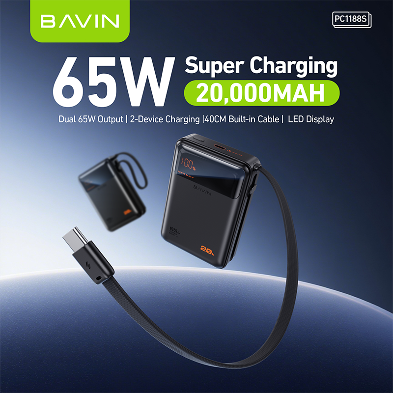 BAVIN Y-PC1188 20000mAh 65W PD Fast Charging Powerbank w/ Built-in Type-C Cable | LED Display Laptop & Mobile Compatible