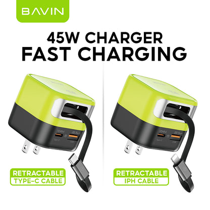 BAVIN C-PC2073 45W PD Fast Charger w/ Built-in Retractable Type-C & iPh Cable, Compatible w/ Smartphone / Laptop & Tablets