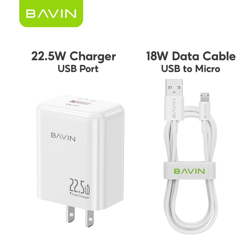 BAVIN PC2091 22.5W PD Fast Charging Charger Adapter USB Port &1 Meter Cable for Micro / Type-C /iPhone