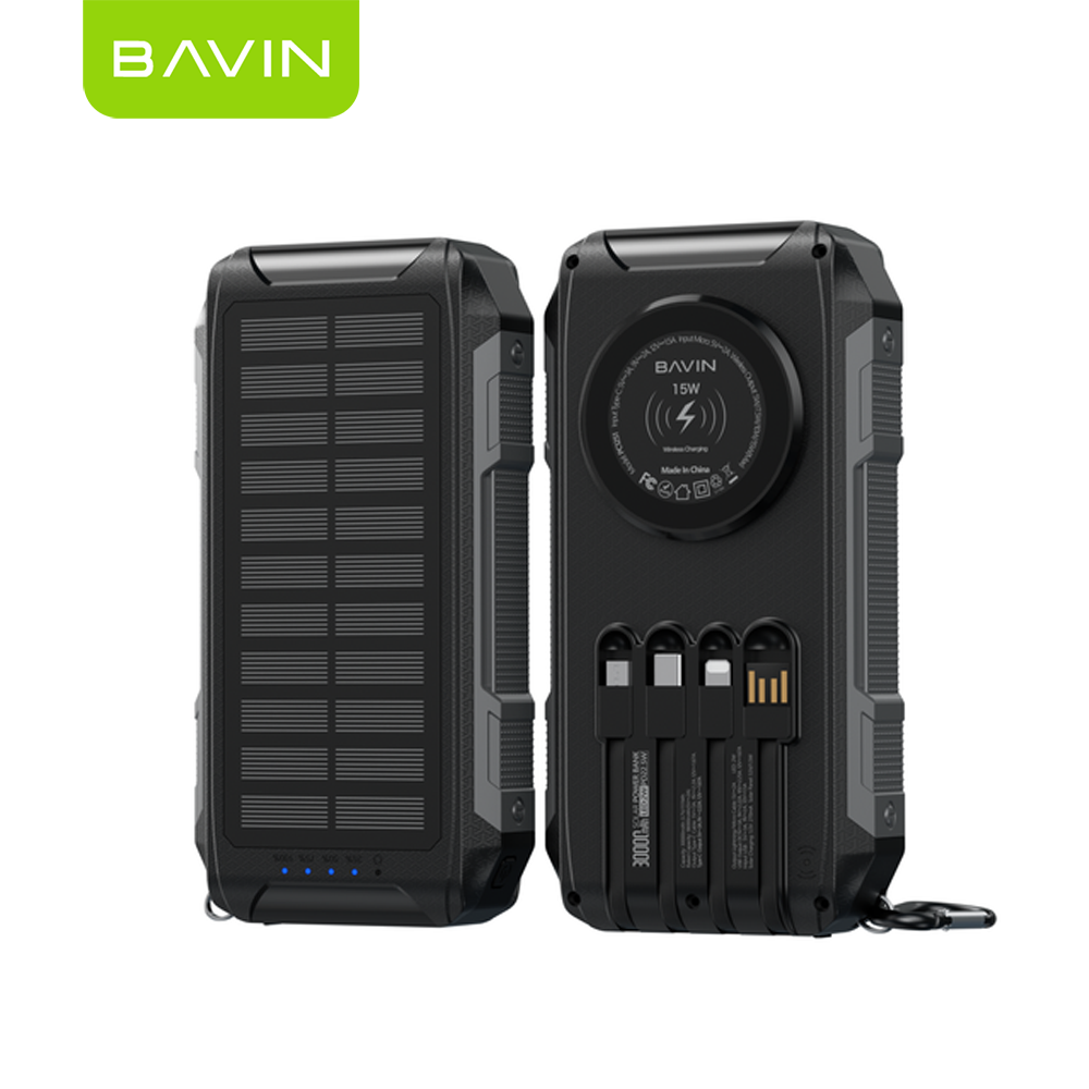 BAVIN PC1251 30000mAh Solar Power Bank PD 22.5W Fast+15W Wireless Charge w/ Cables, LED Light, 3 Output