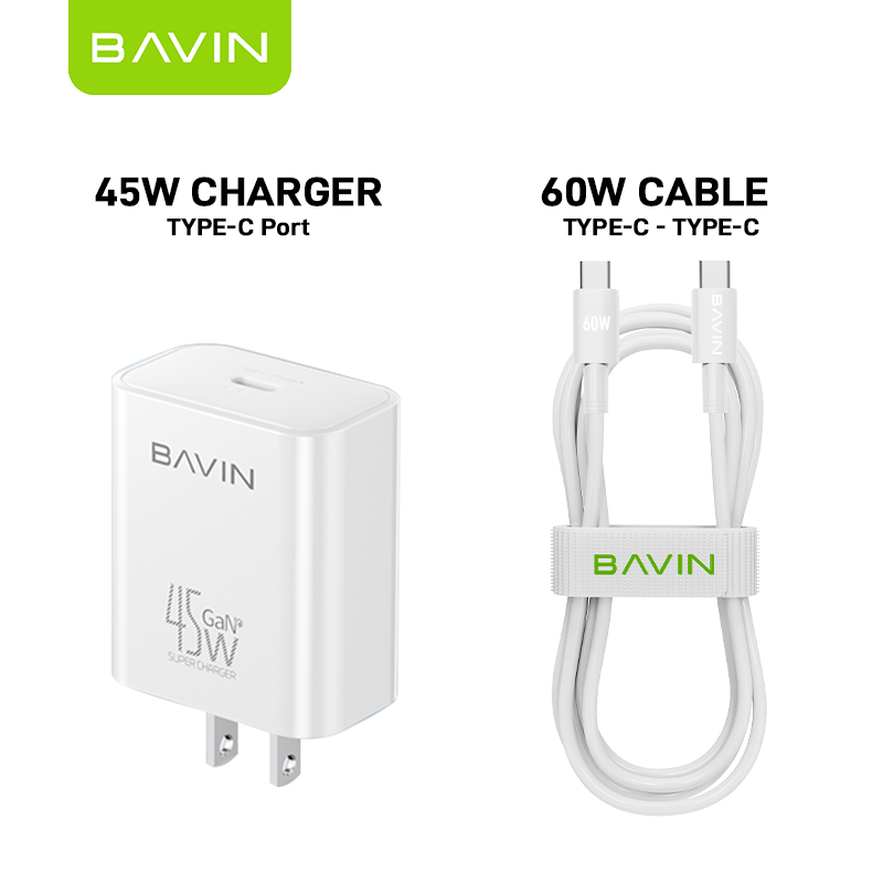 BAVIN C-PC2066-XX 45W GaN PD Fast Charger AC Adapter w/ Type-C to Type-C & Type-C to iPh Cables