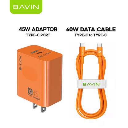 BAVIN PC800 45W PD Fast Charging Adapter Type-C Port Supports for iPhone 17 & Laptop w/ Date Cable