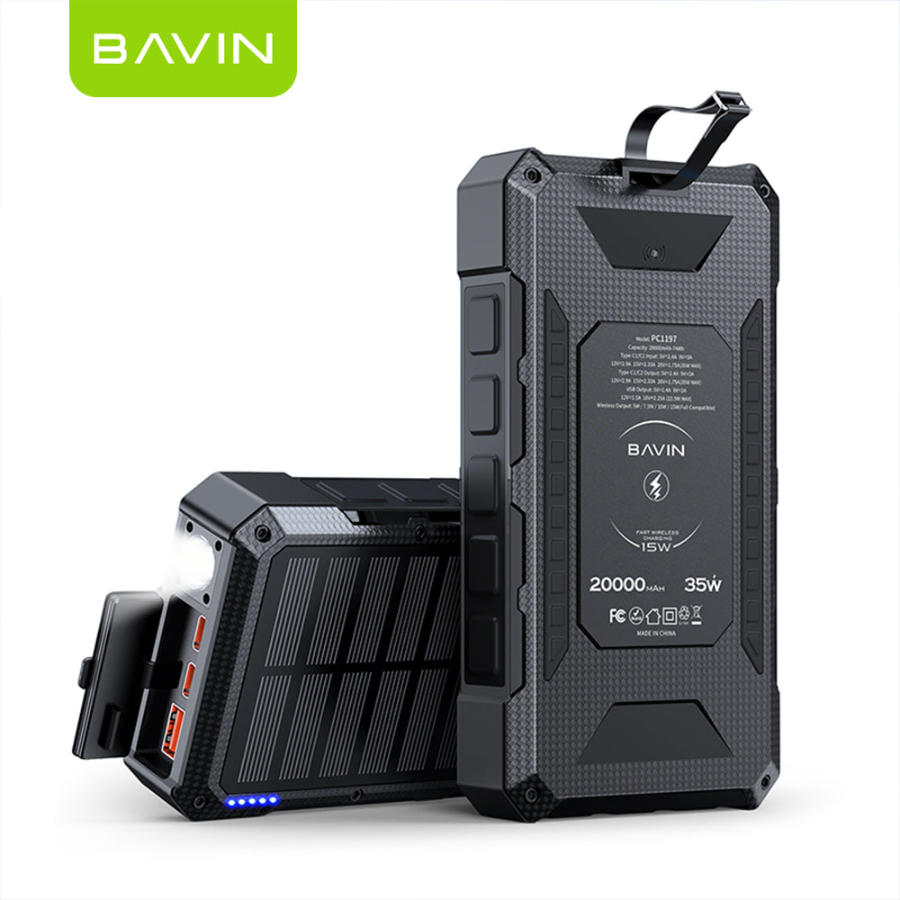 BAVIN Y-PC1197 20000mAh Solar Powerbank w/ 35W Type-C Fast Charging & 15W Wireless Charging w/ LED Flashlight & 3 Outputs