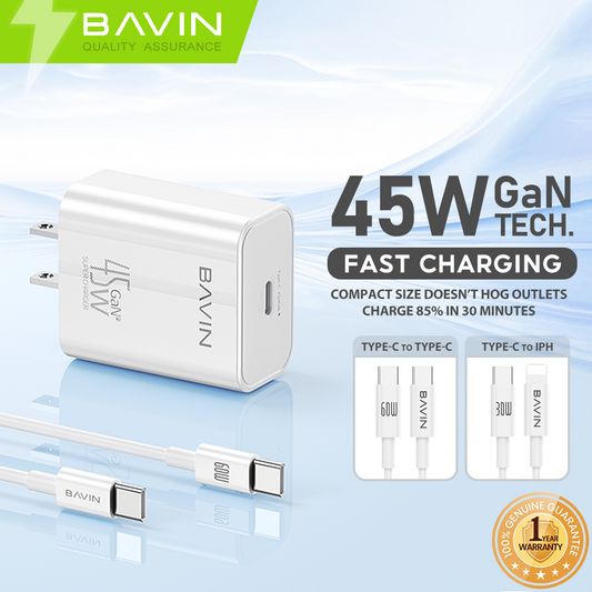 BAVIN C-PC2066-XX 45W GaN PD Fast Charger AC Adapter w/ Type-C to Type-C & Type-C to iPh Cables