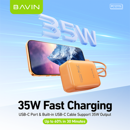 BAVIN PC1211S Portable 10000mAh 35W Fast Charging Powerbank Built-in Type-C & iPhone Cable｜LED Display