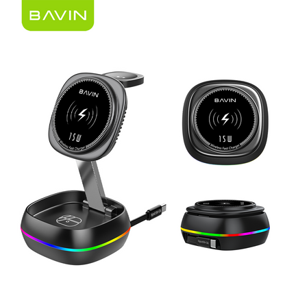BAVIN C-W-PC1199 3in1 Magnetic Wireless Charger 15W Retractable Type-C Input & Foldable Stand for Phone Watch & Earbuds